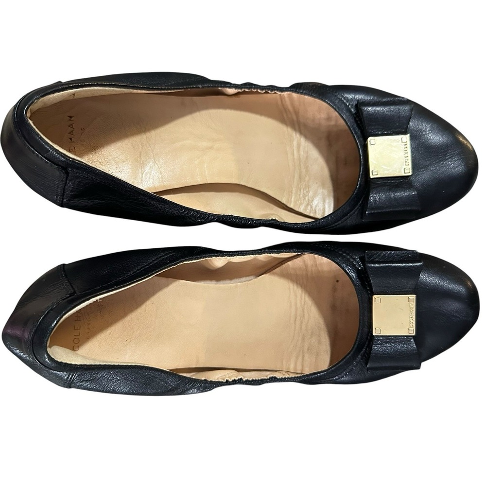 Cole Haan Tali Bow Ballet Flats Gold Square Black Leather Shoes Women's 9.5 B - Picture 7 of 10